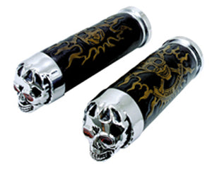Handlebar Grips Skull & Flames Any Throttle W / Exterior Cables Leather Comfort Touch W / Chrome Plated End