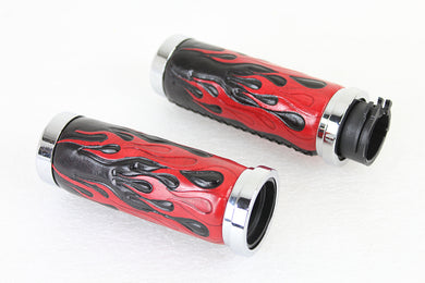 Red Flame Style Grip Set with Chrome Ends 1996 / 2015 FXST 1996 / 2015 FLST 1996 / 2017 FXD 1996 / UP XL 1996 / 2007 FLT