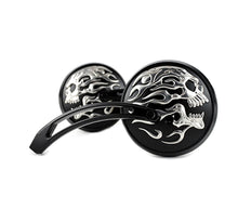 Load image into Gallery viewer, Round Skull and Flame Mirror Set with Curved Stems Black 1965 / UP All models for left and right side application