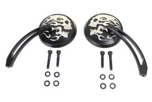 Load image into Gallery viewer, Round Skull and Flame Mirror Set with Curved Stems Black 1965 / UP All models for left and right side application