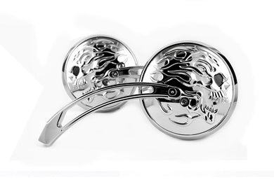 Round Skull and Flame Mirror Set with Curved Stems Chrome 1965 / UP All models for left and right side application