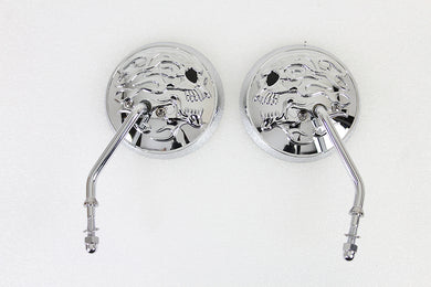 Round Skull and Flame Mirror Set with One Piece Stems Chrome 1965 / UP All models for left and right side application