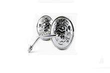 Load image into Gallery viewer, Round Skull and Flame Mirror Set with One Piece Stems Chrome 1965 / UP All models for left and right side application